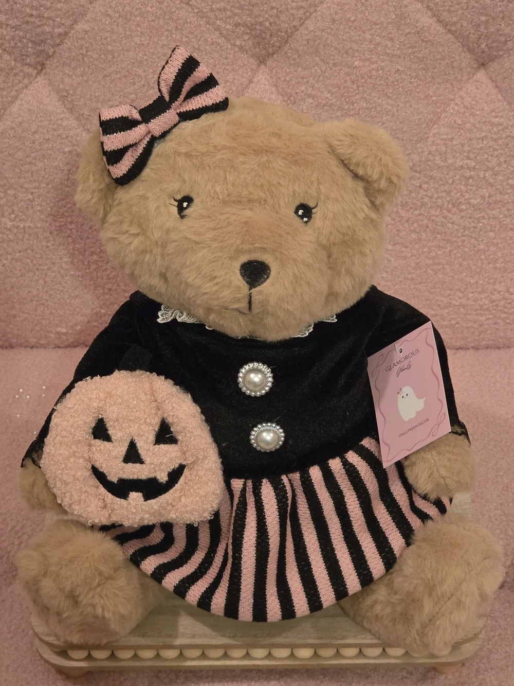 Halloween Bear In Pink and Black Dress With Pink Jackolantern